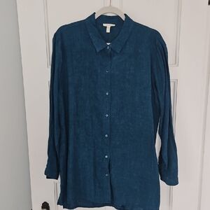 Eileen Fisher Teal Button-Front Linen Shirt